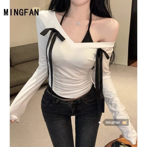 40 count pure cotton bow halter fake two-piece spliced ​​V-neck long-sleeved T-shirt bottoming top