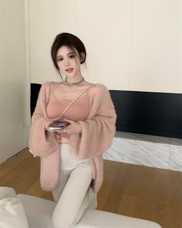 ~Pure Desire Gentle Plush Lazy Knitted Cardigan Suspender Suit