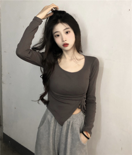 8604# Gypsophila has been shipped ribbed drawstring long-sleeved T-shirt women's autumn slim irregular short top