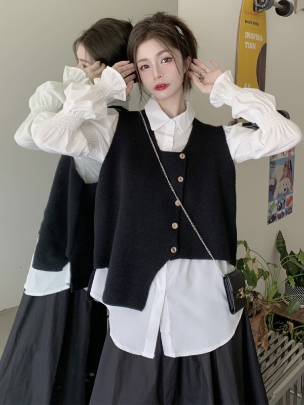 Irregular v-neck knitted vest layered with loose sleeveless sweater vest vest shirt two-piece set