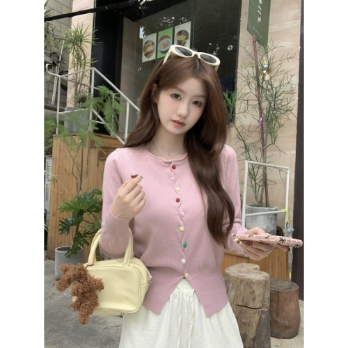 Real shot of autumn and winter Korean style sweet rainbow button design Andy velvet sweater long-sleeved sweater cardigan jacket