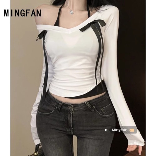 40 count pure cotton bow halter fake two-piece spliced ​​V-neck long-sleeved T-shirt bottoming top