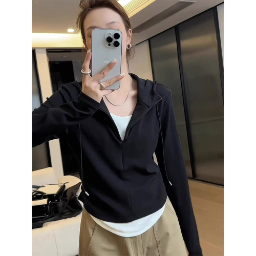 Early autumn new model fat mm slimming waist bottoming shirt fake two pieces irregular hooded long-sleeved T-shirt top