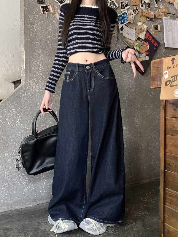 Dark blue drapey wide-leg jeans for women in autumn retro washed high-waisted straight floor-length pants