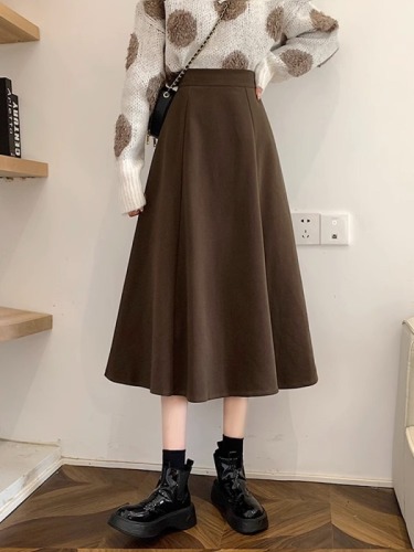 Woolen mid-length skirt for women, autumn, spring and autumn new high-waist slimming hip skirt A-line skirt