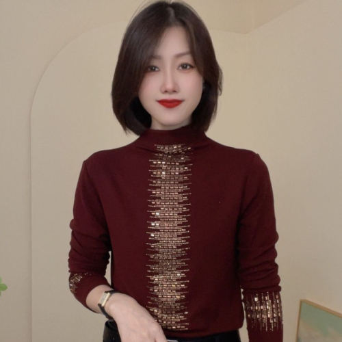 2024 Autumn New Half Turtle Collar Solid Color Versatile Hot Diamond Long Sleeve Casual T-Shirt Feminine Temperament Ladies Slim-fitting Shirt