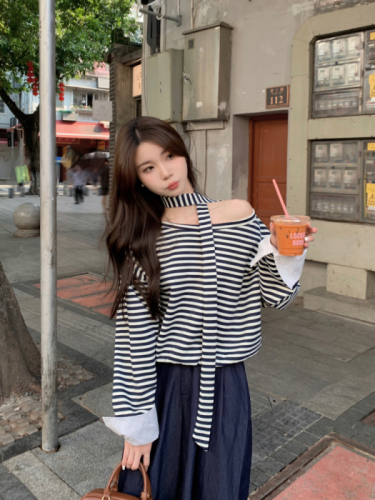 Actual shot Korean style casual loose shoulder-sleeved round neck pullover T-shirt contrasting stripes fake two-piece long-sleeved top