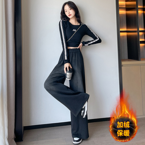 American velvet black sports pants for women, autumn and winter loose casual sweatpants, lazy jazzy wide-leg pants