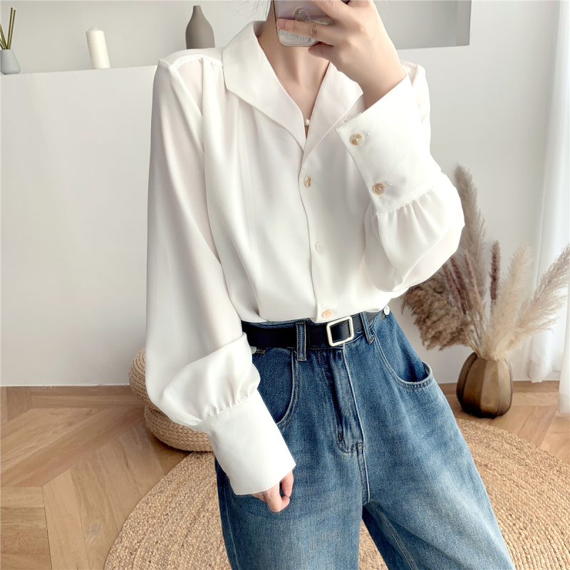 Autumn clothing retro Hong Kong style Korean style professional suit collar long-sleeved lapel shirt women's white top