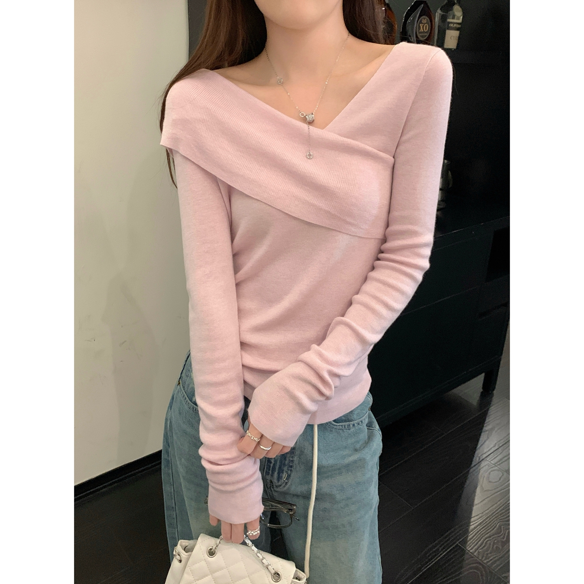Real shot of autumn and winter Korean style gentle temperament stacked collar slim 6 wool sweater long-sleeved bottoming sweater