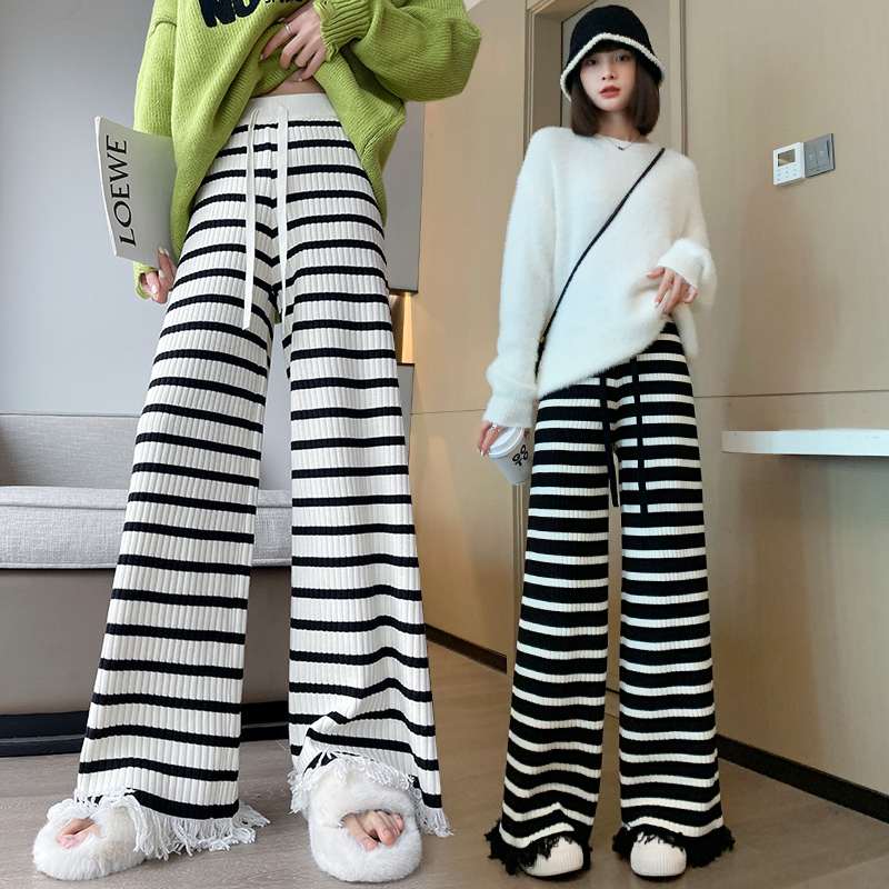 Striped fringed knitted wide-leg pants for women in autumn and winter new vertical pit strip casual loose woolen floor-length pants