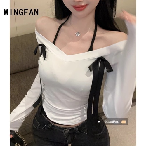 40 count pure cotton bow halter fake two-piece spliced ​​V-neck long-sleeved T-shirt bottoming top