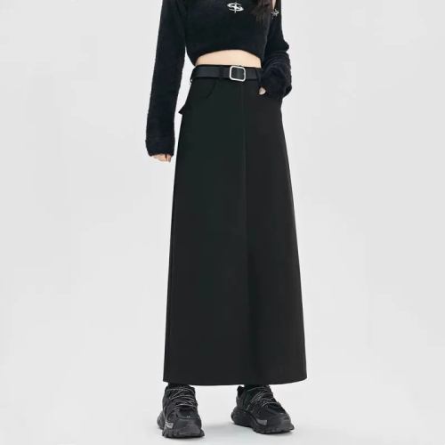 Black suit skirt for women 2024 new high-waist slim hip-hugging skirt mid-length a-line slit long skirt