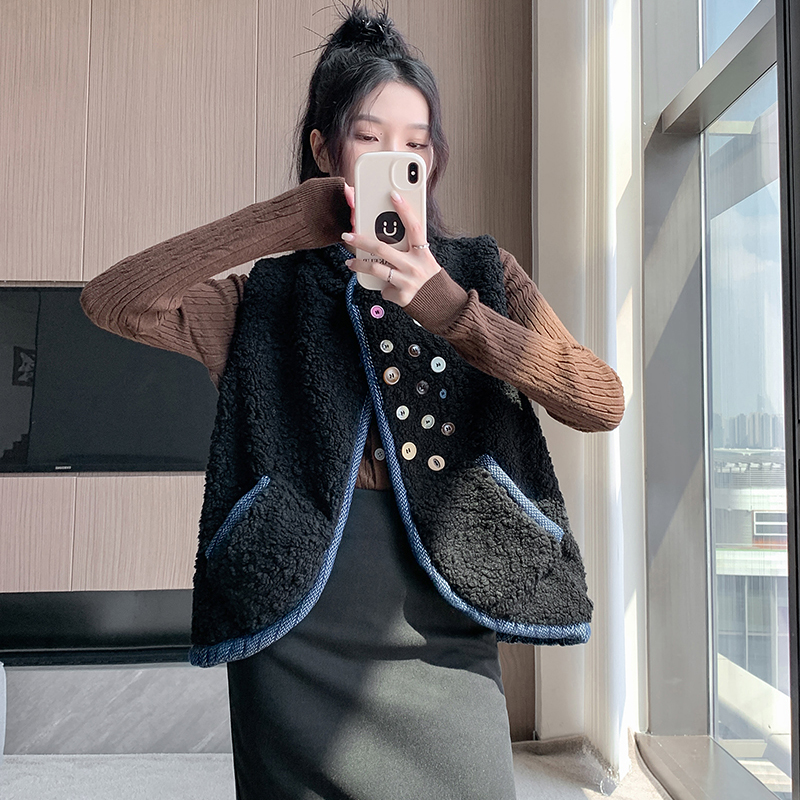 Actual shot ~ reversible lambswool denim vest for women, retro colorful buttoned stacked sleeveless plush vest