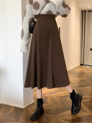 Woolen mid-length skirt for women, autumn, spring and autumn new high-waist slimming hip skirt A-line skirt