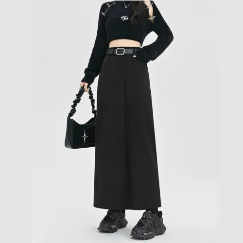 Black suit skirt for women 2024 new high-waist slim hip-hugging skirt mid-length a-line slit long skirt