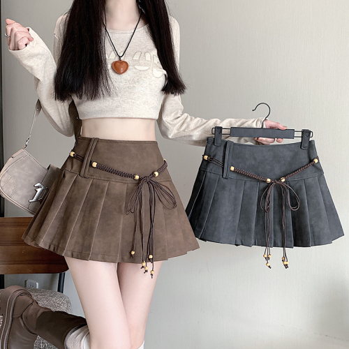 American hot girl PU leather skirt brown distressed pleated skirt slimming A-line skirt Maillard outfit