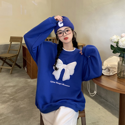 Klein blue sweatshirt for women autumn and winter 2024 new design bow age-reducing trendy top