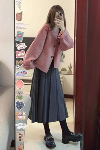 High-end pink woolen coat short women's autumn and winter clothing new Korean style small literary retro woolen coat