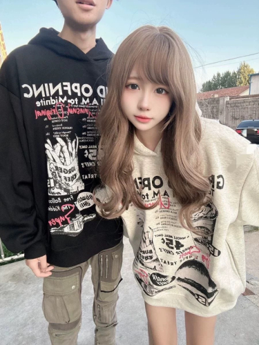 Silver fox velvet pure cotton American high street retro trendy brand loose hooded sweatshirt for women autumn and winter new thickened couple coat