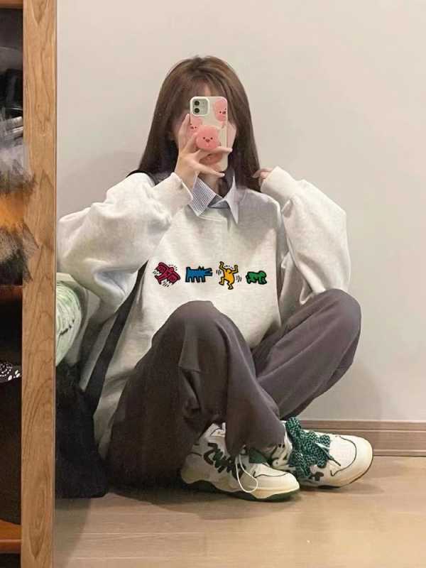 Pure cotton heavyweight plus velvet silver fox velvet loose Korean style printed sweatshirt for women autumn and winter new trend