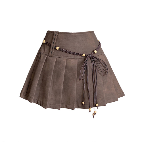 American hot girl PU leather skirt brown distressed pleated skirt slimming A-line skirt Maillard outfit