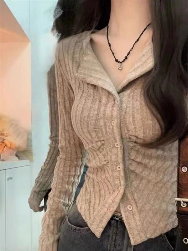 Original quality official French slim V-neck knitted early autumn hot girl slimming long-sleeved top
