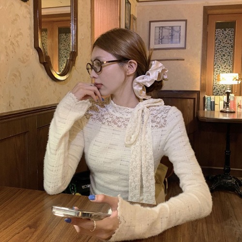 Original quality Guangzhou fabric lace long-sleeved T-shirt autumn bow tie bottoming shirt top