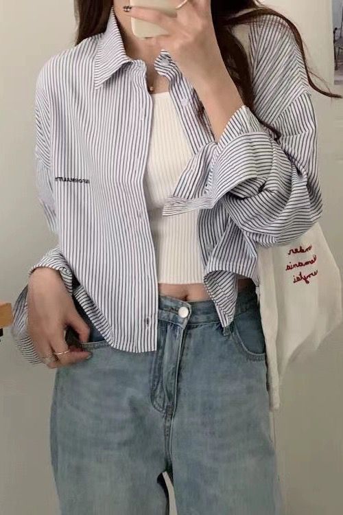 High-waisted top for women, vertical striped short embroidered shirt, design long-sleeved shirt, thin sun protection cardigan jacket summer