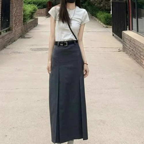 Gray pleated skirt women's new summer high-end mid-length high-waisted slim straight suit a-line skirt