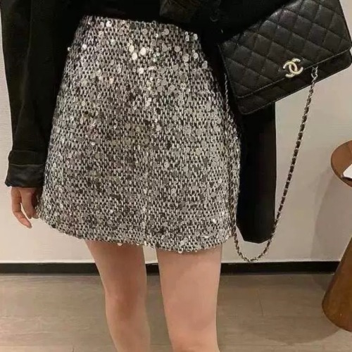 High-waisted skirt for women, autumn and winter silver sequin niche design hip-hugging short skirt