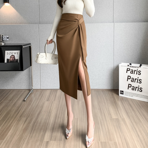 High-waisted mid-length slit skirt, autumn new niche design professional skirt