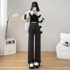 Velvet jeans for women, casual straight-leg pants, loose wide-leg pants, floor-length dad pants, denim pants for women