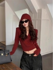 Anchor red American hooded sweater women's slim short sweater autumn design inner top