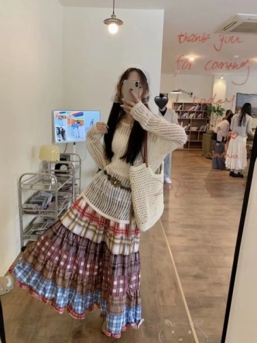 Colorful plaid print splicing skirt for women retro ethnic style high-waisted long skirt