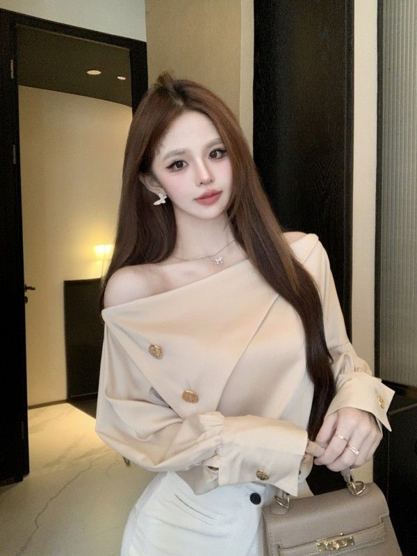 Designed satin off-shoulder top, ladylike, high-end long-sleeved shirt