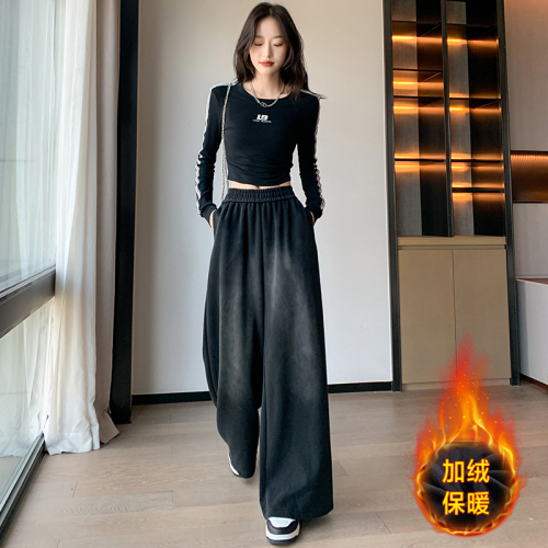 American velvet black sports pants for women, autumn and winter loose casual sweatpants, lazy jazzy wide-leg pants