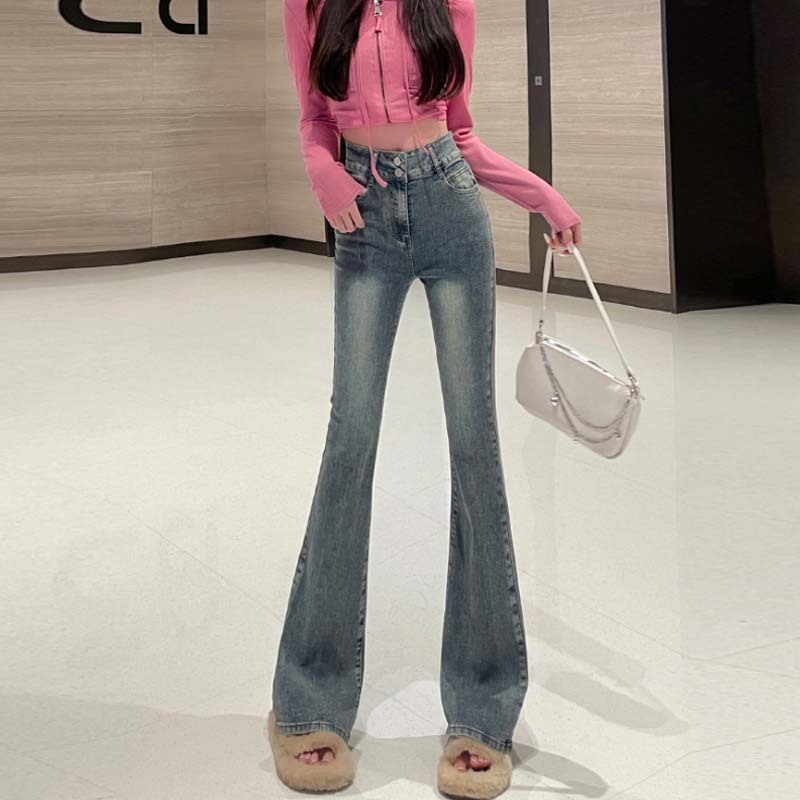 Autumn and winter Korean style fashionable high-waisted elastic double-button bell-bottom trousers new slim and drapey trousers for trendy women