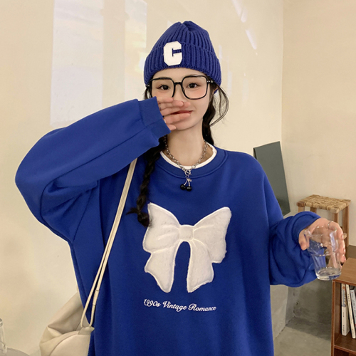 Klein blue sweatshirt for women autumn and winter 2024 new design bow age-reducing trendy top