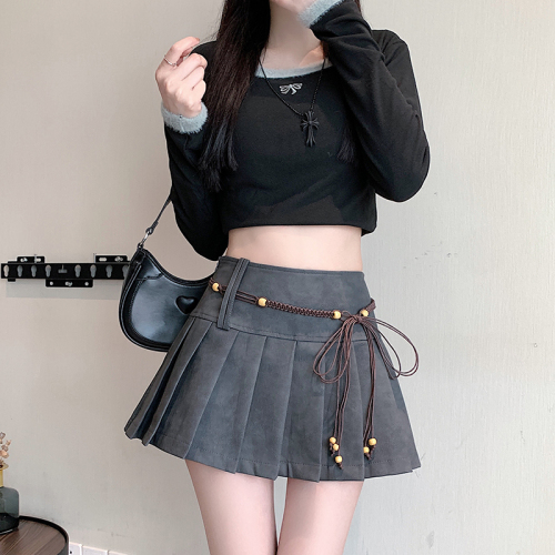 American hot girl PU leather skirt brown distressed pleated skirt slimming A-line skirt Maillard outfit