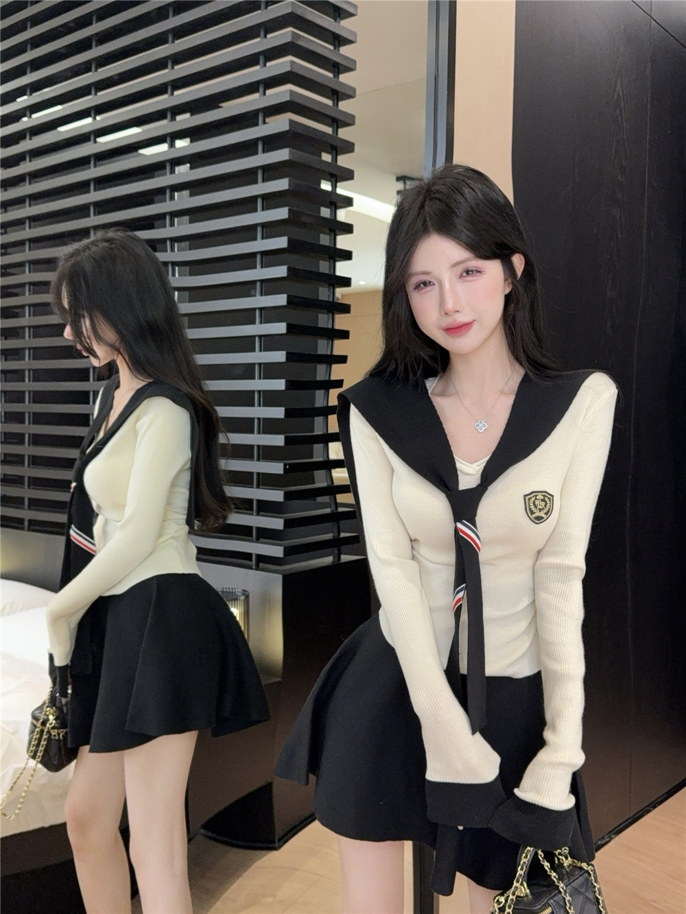Actual shot - Internet celebrity age-reducing pure desire sweet hottie V-neck sweater, skirt, shawl three-piece suit