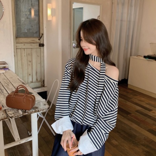 Actual shot Korean style casual loose shoulder-sleeved round neck pullover T-shirt contrasting stripes fake two-piece long-sleeved top