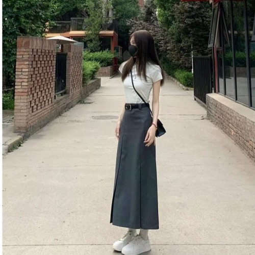 Gray pleated skirt women's new summer high-end mid-length high-waisted slim straight suit a-line skirt