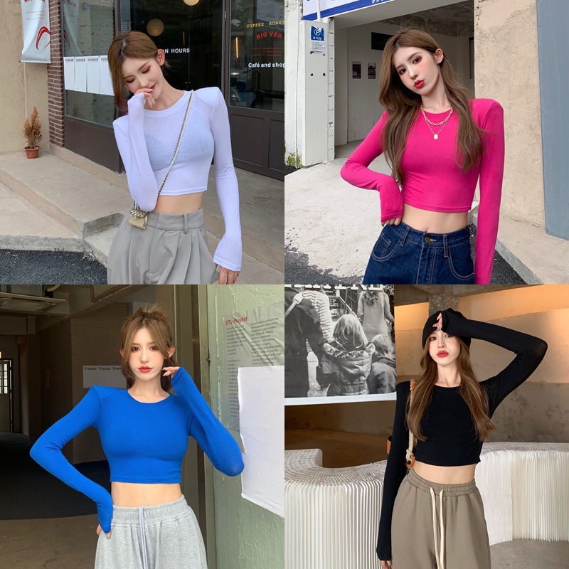 Hong Kong style super comfortable navel-baring tight-fitting round neck long-sleeved T-shirt women's high-waist shoulder pads elastic versatile bottoming shirt trendy