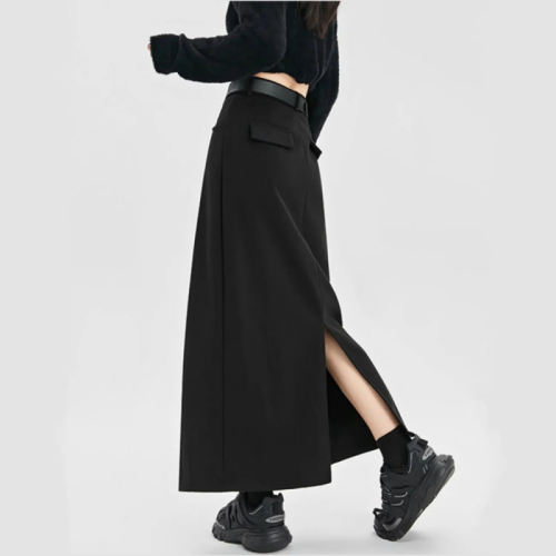 Black suit skirt for women 2024 new high-waist slim hip-hugging skirt mid-length a-line slit long skirt