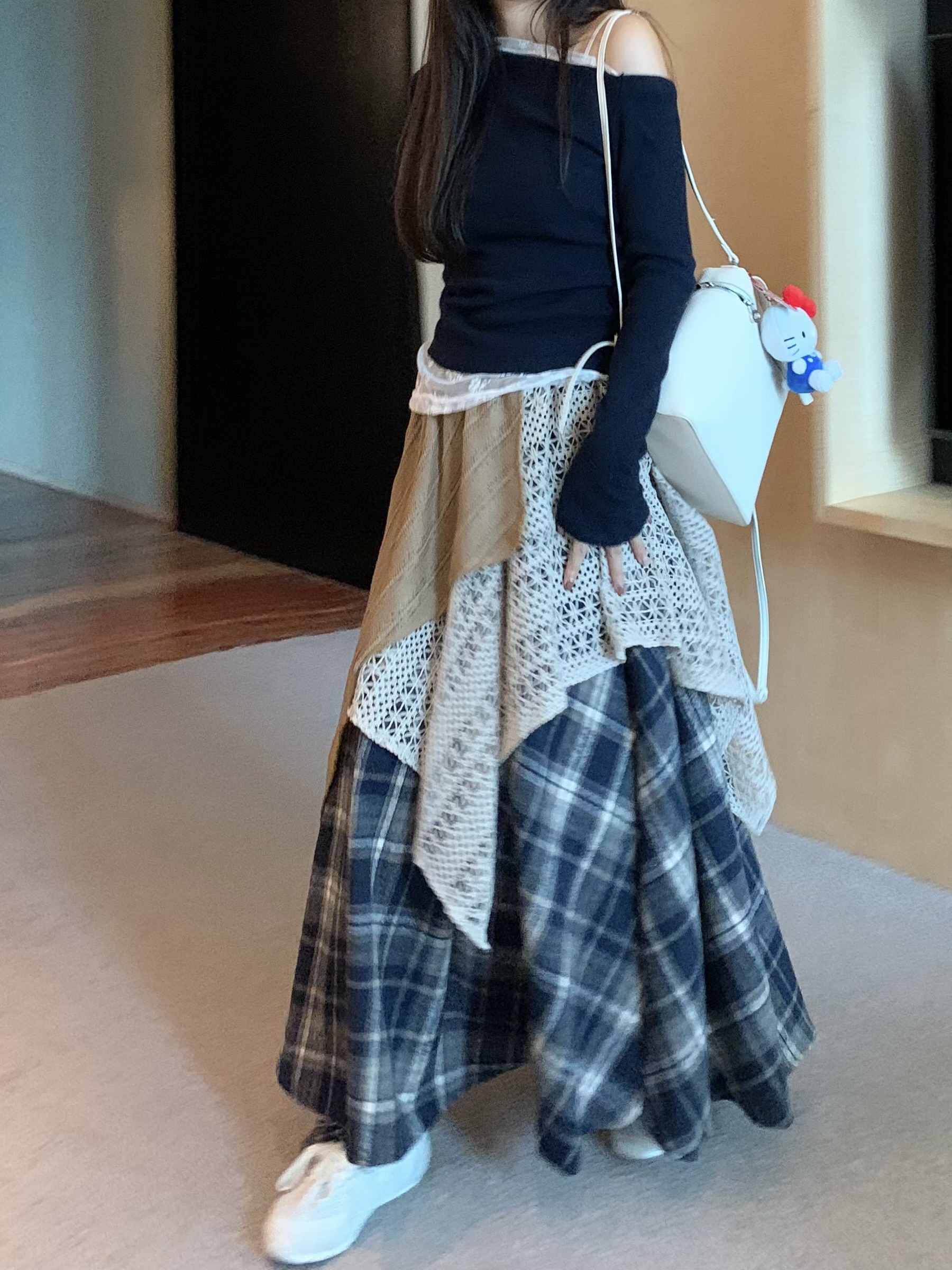 Photographed ~ Thickened Lace Mesh Patchwork Checkered Semi-Body Skirt Loose Asymmetrical A-Line Long Dress