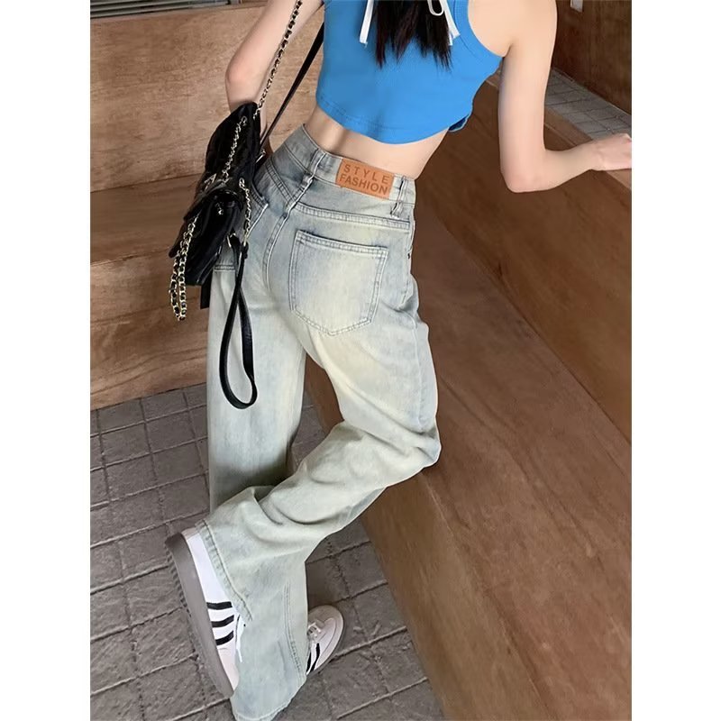 Jeans women's loose straight summer wear new spring and autumn high-waisted wide-leg floor-length pants for small people