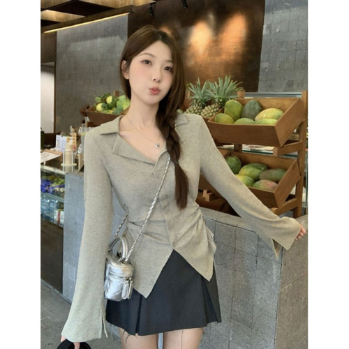 Original fabric, original workmanship, Korean design, long-sleeved T-shirt for women, new waist slimming top