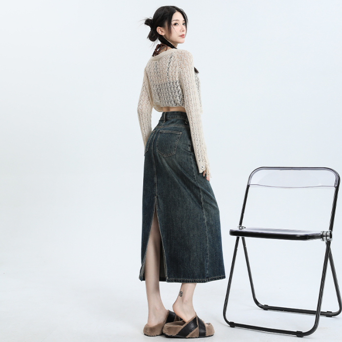 Denim skirt women's autumn high waist hip skirt new retro straight loose a-line mid-length skirt