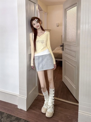 1*1 rayon Korean yellow long-sleeved T-shirt women's slimming fake two-piece short top